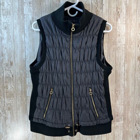 Calvin Klein Performance Puffer Vest Womens XL Black Zip Knit Smart Phone Pocket - Picture 1 of 9
